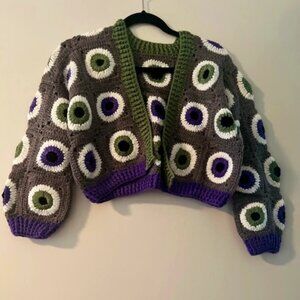 Cropped Tri-Color Evil Eye Hand Crochet  Cardigan